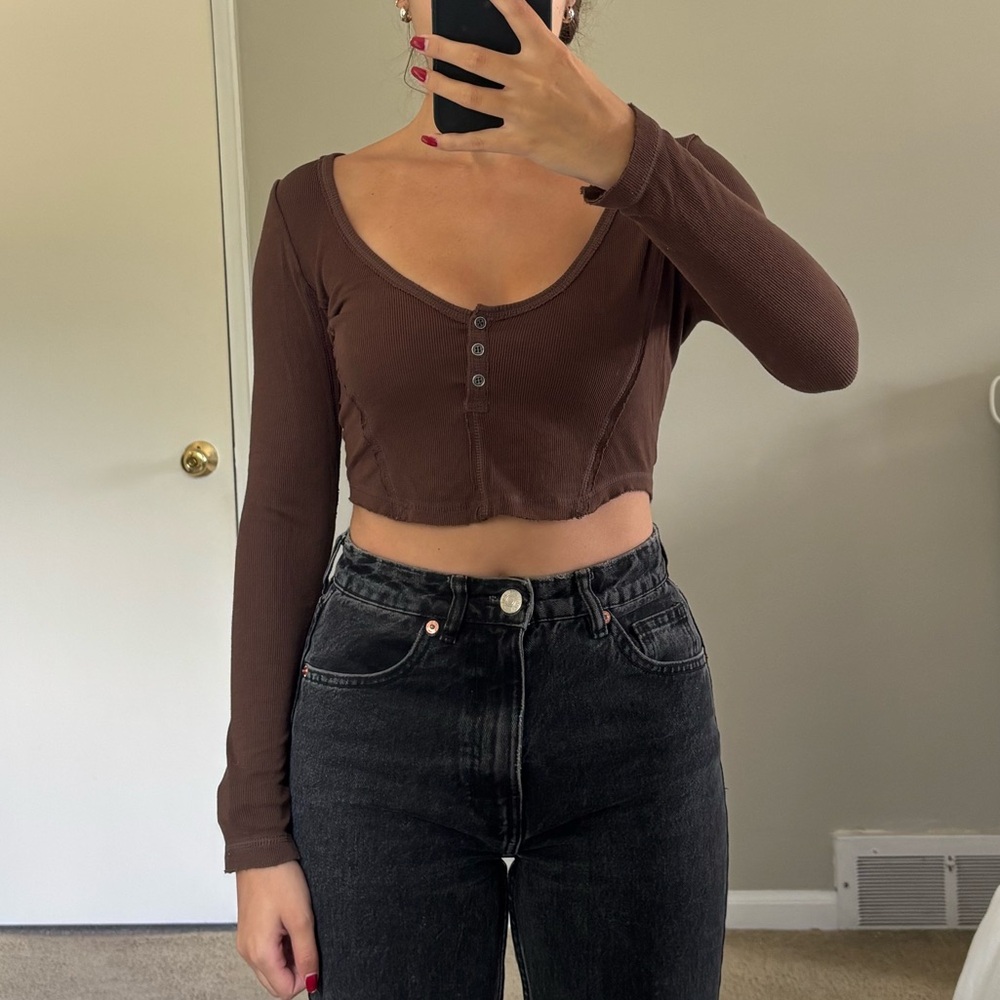 Urban Outfitters Chocolate Brown Long Sleeve Crop Top